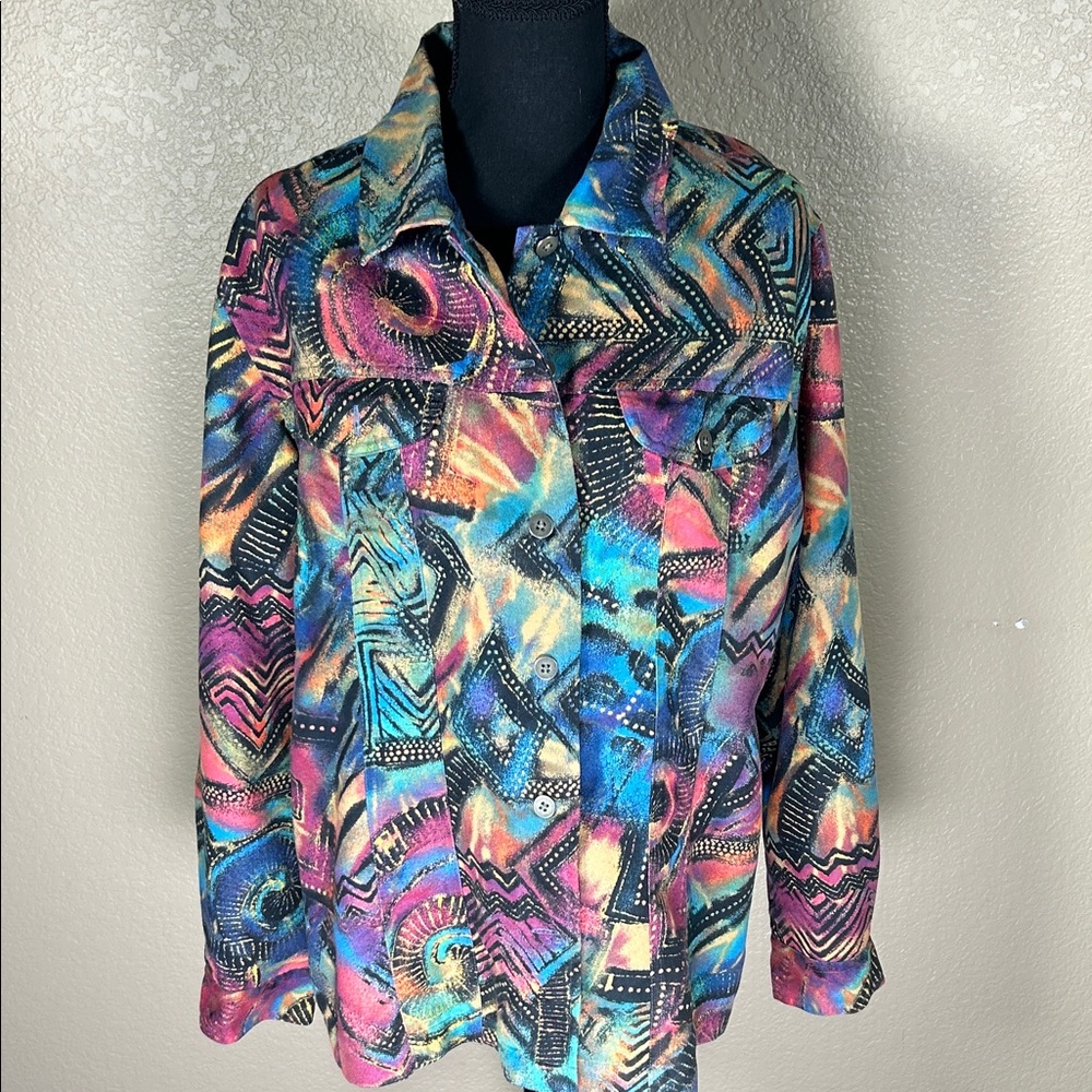 Chico’s Size 2 (L) Abstract Multicolor Button Front Art Shirt Jacket